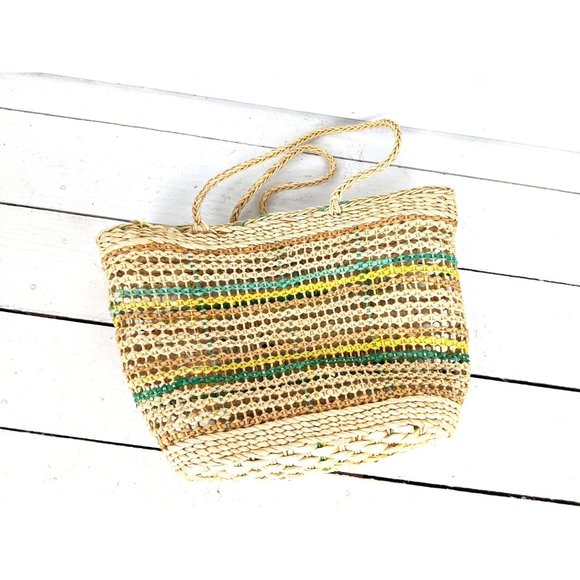 Striped woven straw rattan market bag straw shoulder purse - Picture 5 of 5